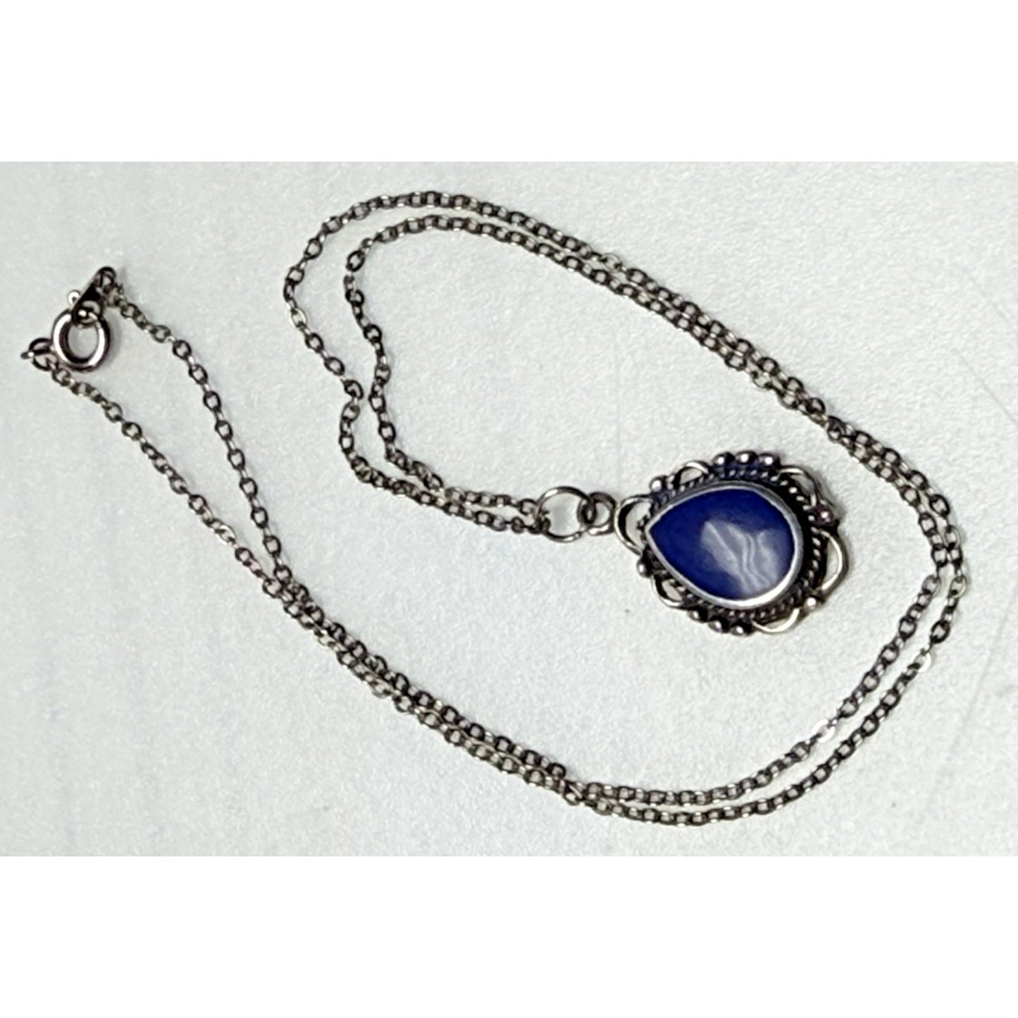 Vintage Sterling Silver Teardrop Pendant Necklace Blue Enamel As Is