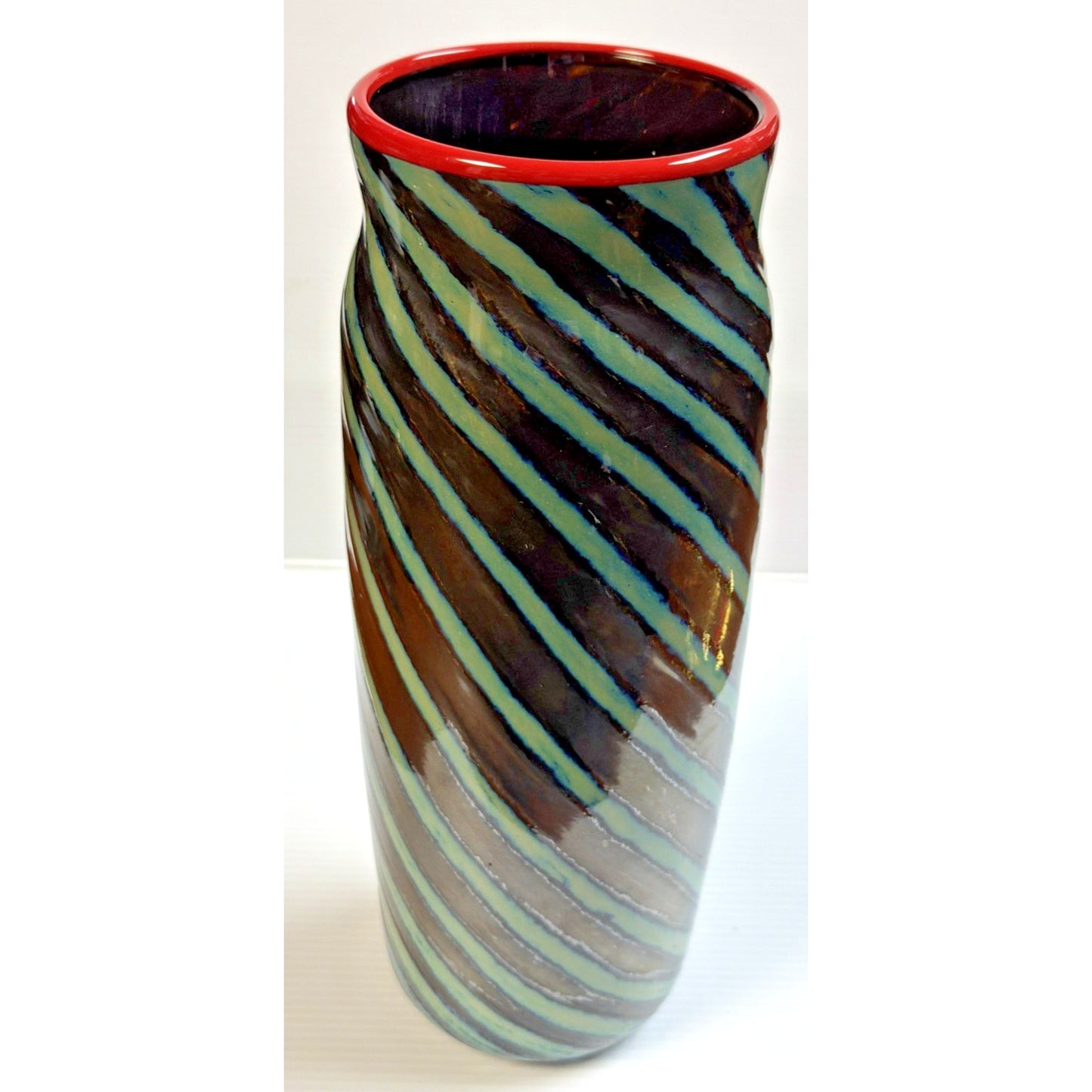 Jon Bush Iridescent Art Glass Vase Black Green Spiral Abstract Red Lip Signed