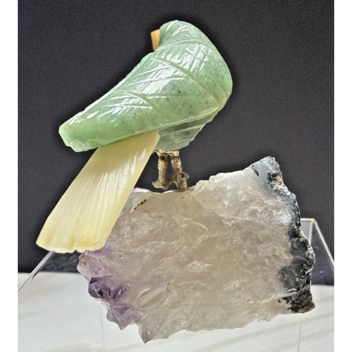Vintage Brazilian Green Stone Toucan Bird Sculpture Amethyst Crystal Base As Is
