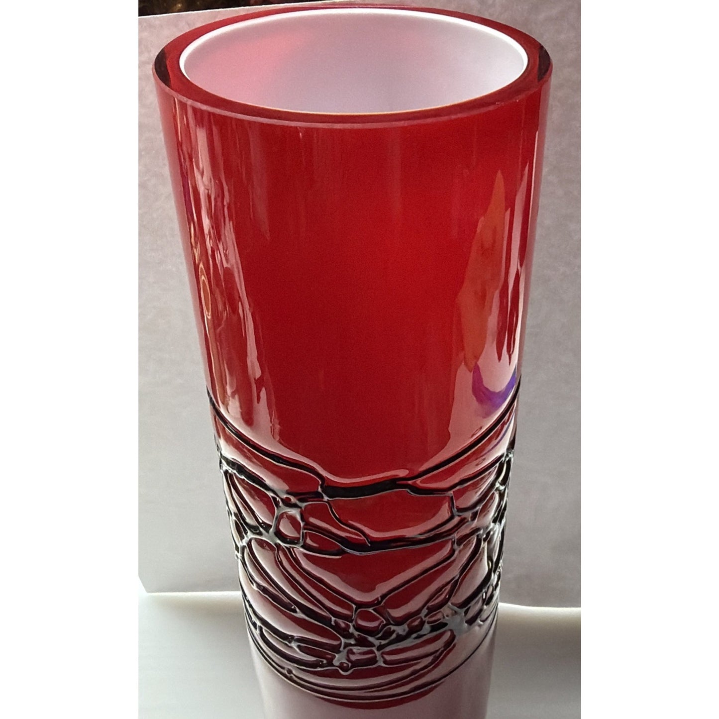MCM Red Cased White Cylinder Vase Abstract Black Threaded Strapping Large