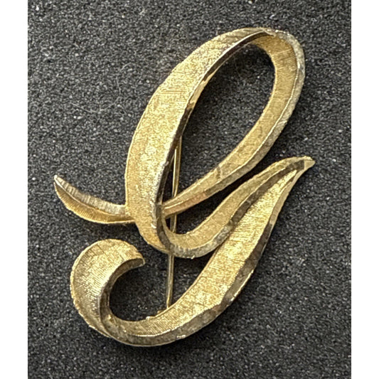 Vintage 70s Mamselle Brooch Pin Gold Tone Brushed Letter G Monogram Initial