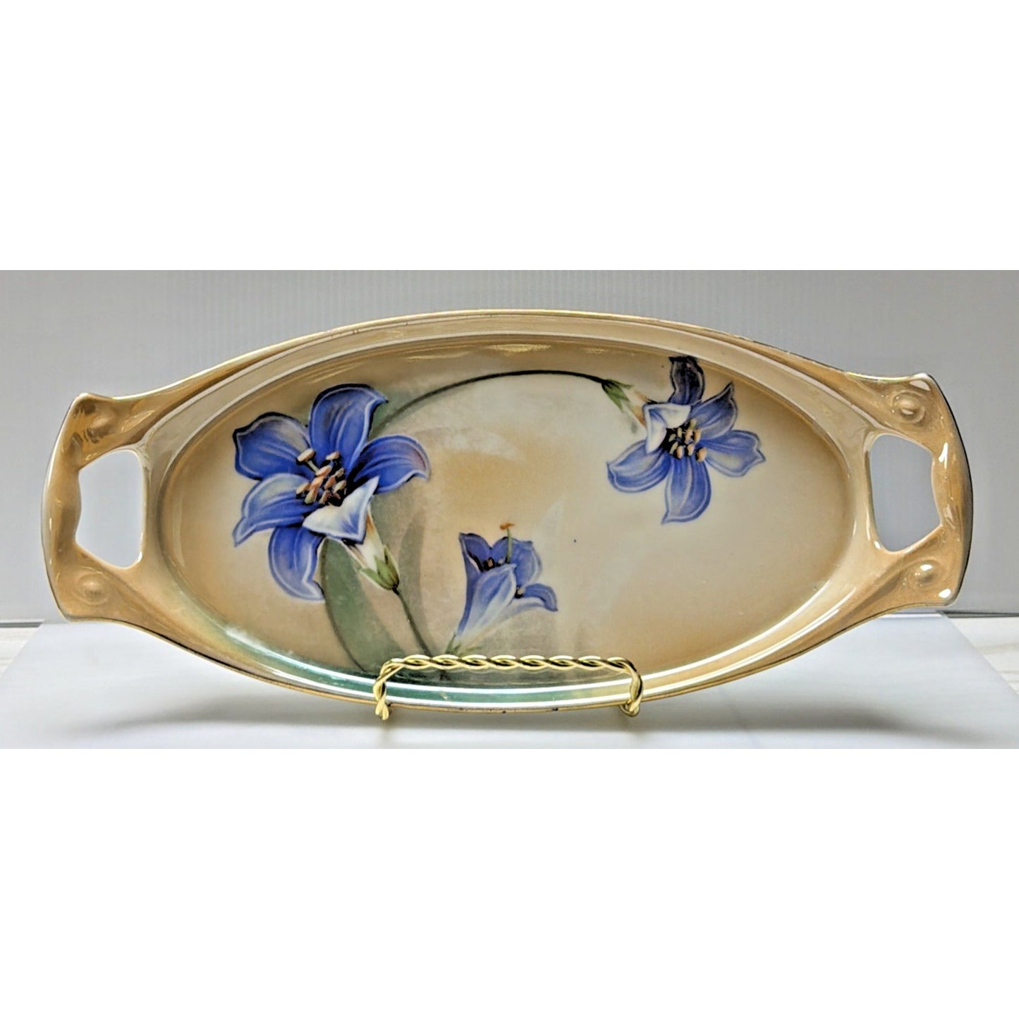 Antique RS Germany Hand Painted Luster Celery Tray Purple Floral Serving Vanity
