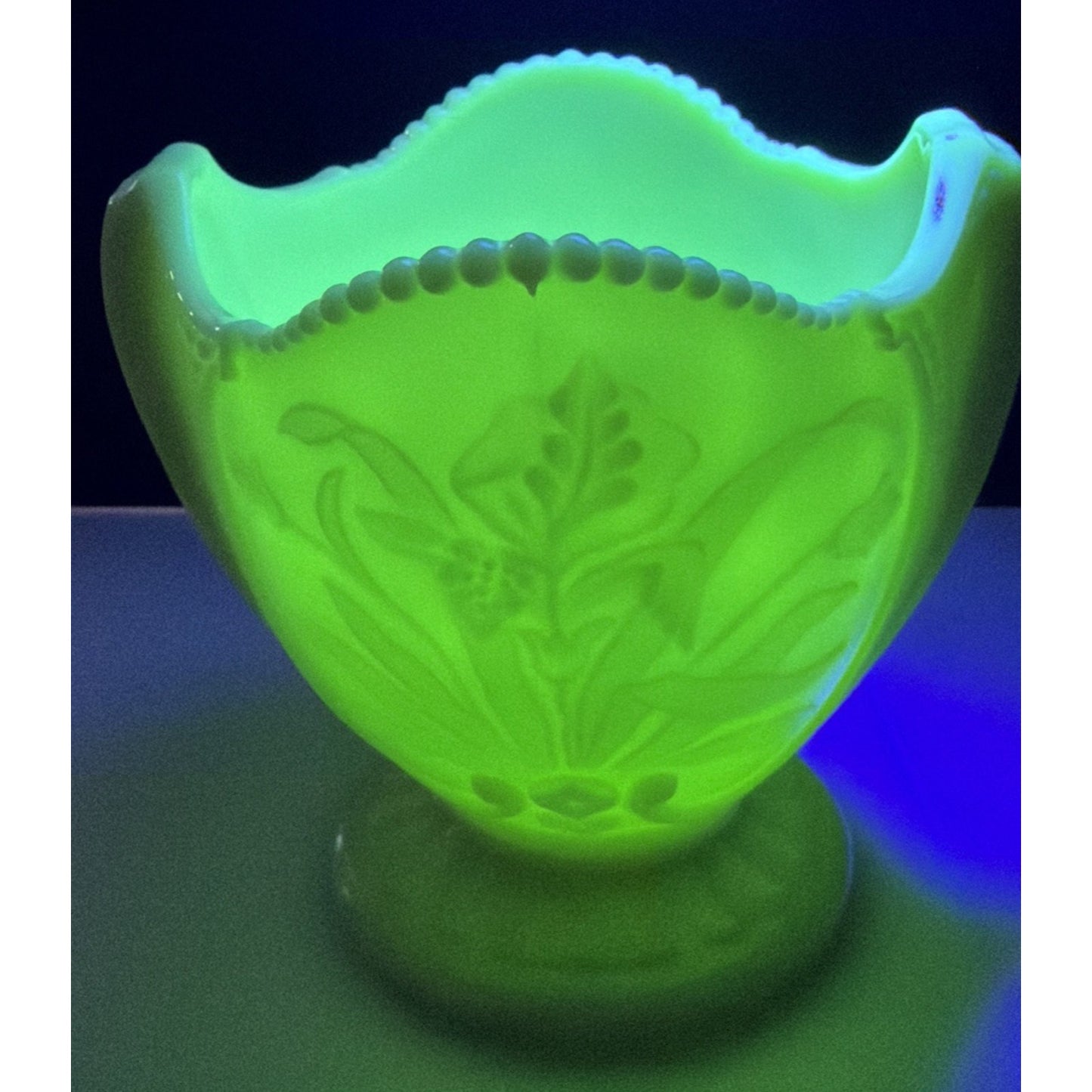 EAPG National Northwood Glass Iris Wild Bouquet Custard Spooner Spill Uranium