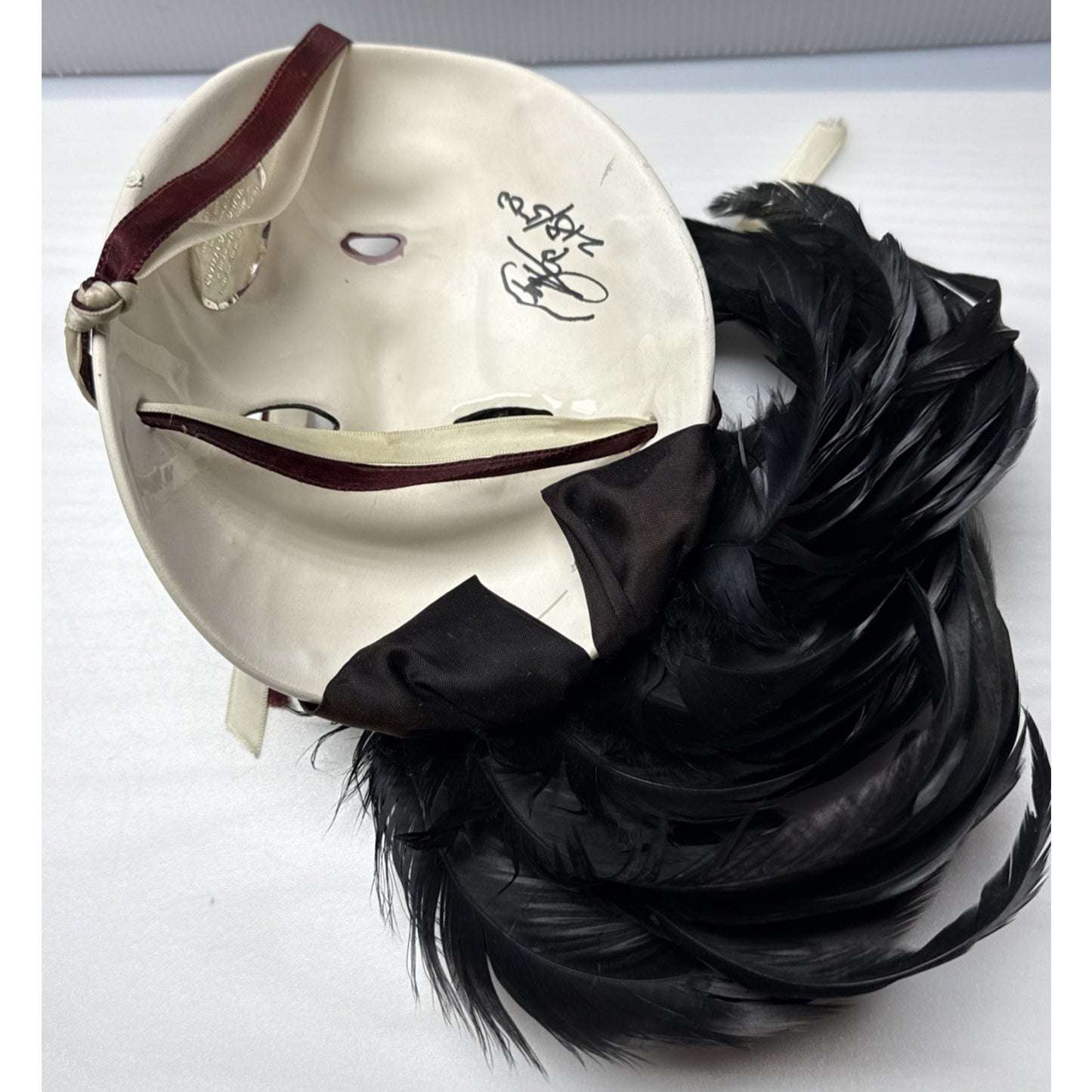 Unique Creations Ceramic Glazed Mask Feathers Pearl Signed Sticker 318/500 As-Is