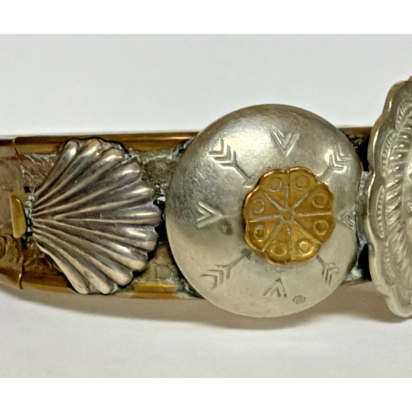 Victorian Brass Hinged Embossed Cuff Bracelet Mixed Metal Concho Western As Is