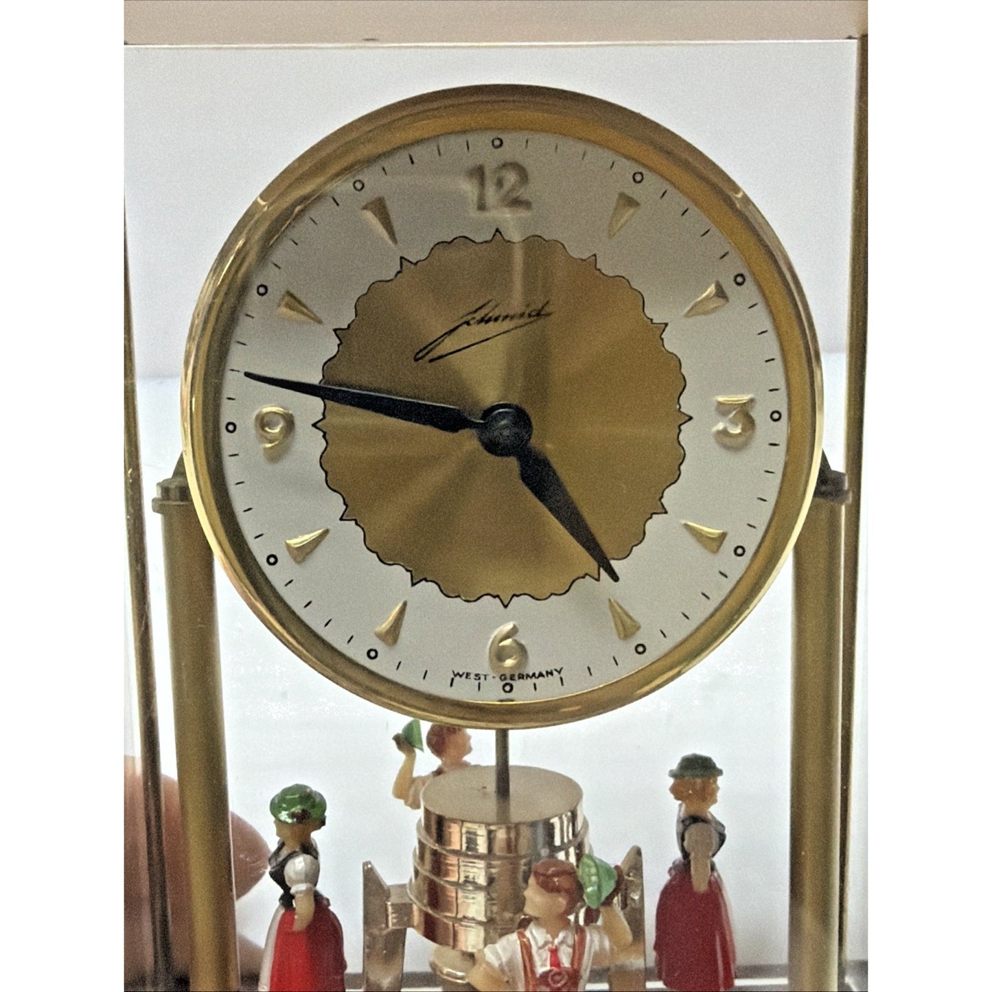 Schmid West Germany Wind Up Mantel Clock Torsion Pendulum Glass Wood Case As Is