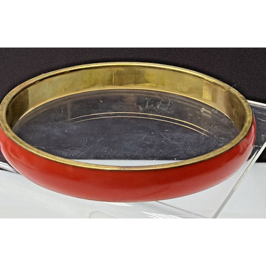 Vintage Gold Tone Metal Brass Bangle Bracelet Orange Red Celluloid Lucite