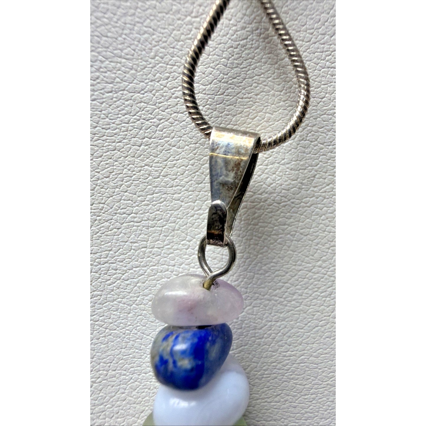 Vtg Semi Precious Stacked Stone Pendant Sterling Silver 18 Inch Chain Necklace