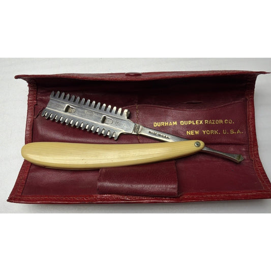 Antique Durham Duplex Razor Co New York Domino Red Leather Case Straight As Is