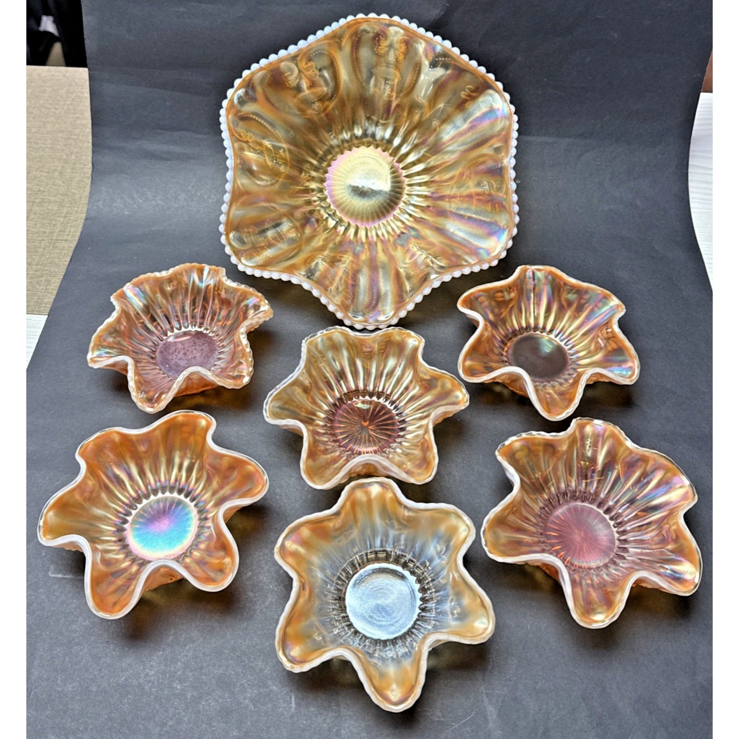 Lot of 7 Dugan Glass Peach Opal Carnival Ray Jewel Heart Master Berry Bowl As-Is