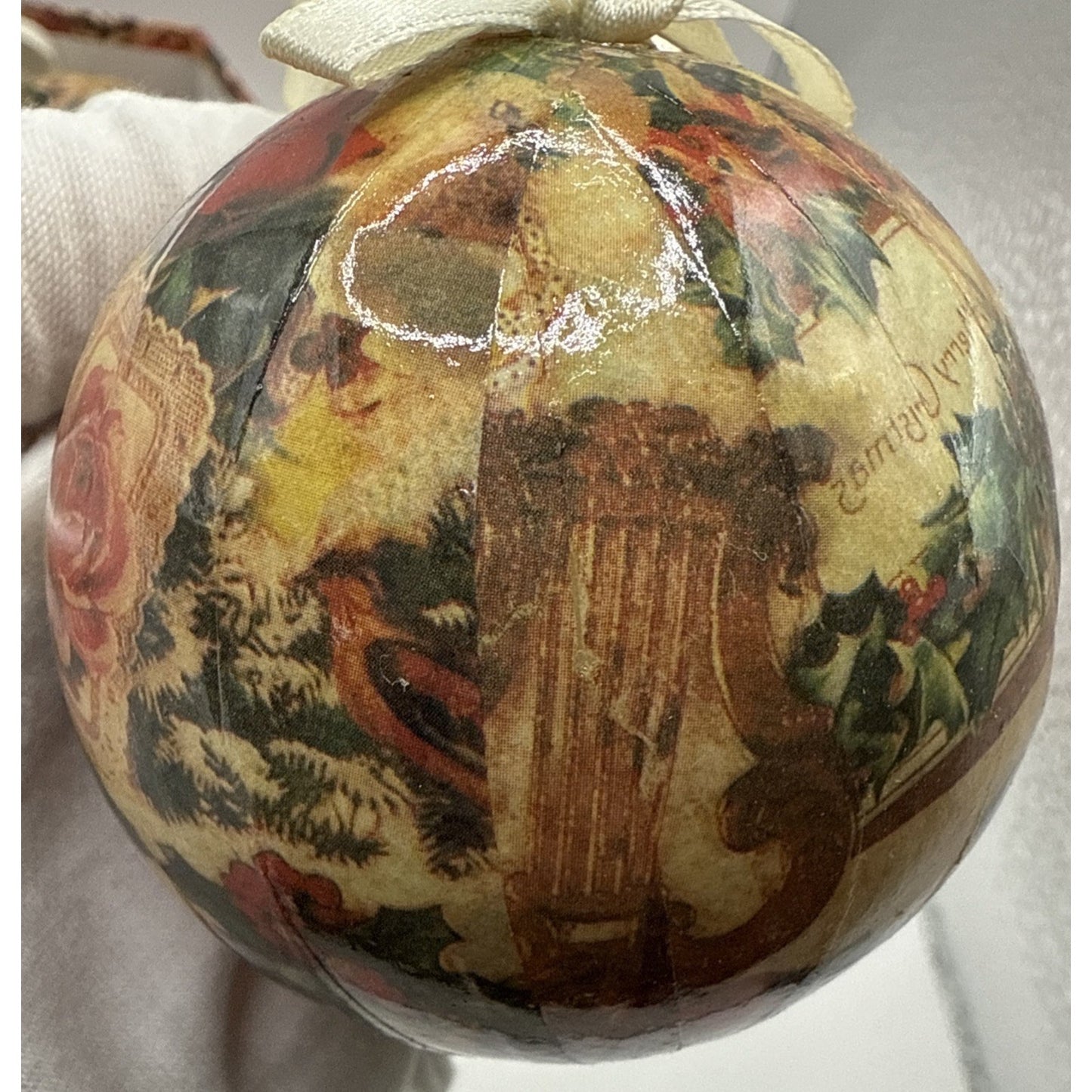 Vintage Set of 6 Christmas Decoupage Paper Mache Victorian Ornaments Box Ribbon