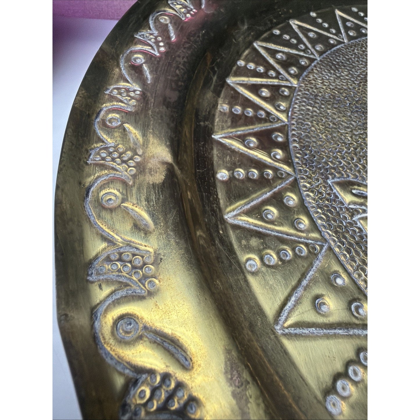 Mayan Aztec Peruvian Brass Gold Metal Enamel Engraved Hammered Wall Plate As Is