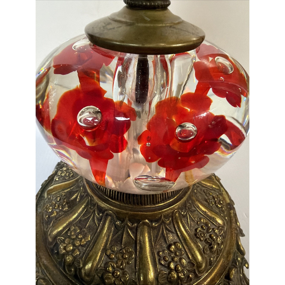 Vtg Clair Joe Rice Art Glass Red Trumpet Flower Lamp Paperweight Ornate L&L WMC