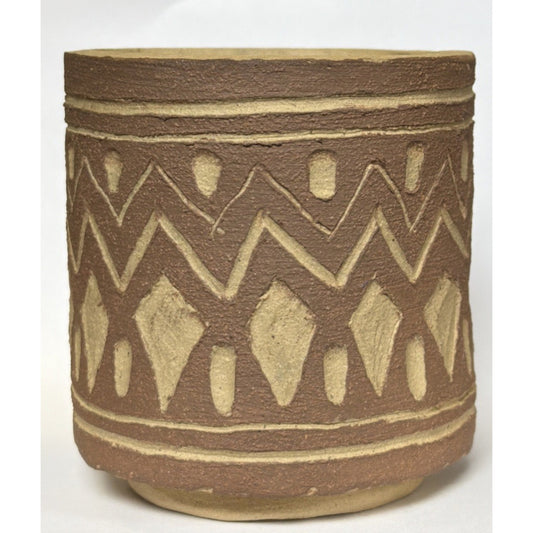 Vintage Boynton Art Pottery Abstract Vase Cup Planter Signed Brown Tan