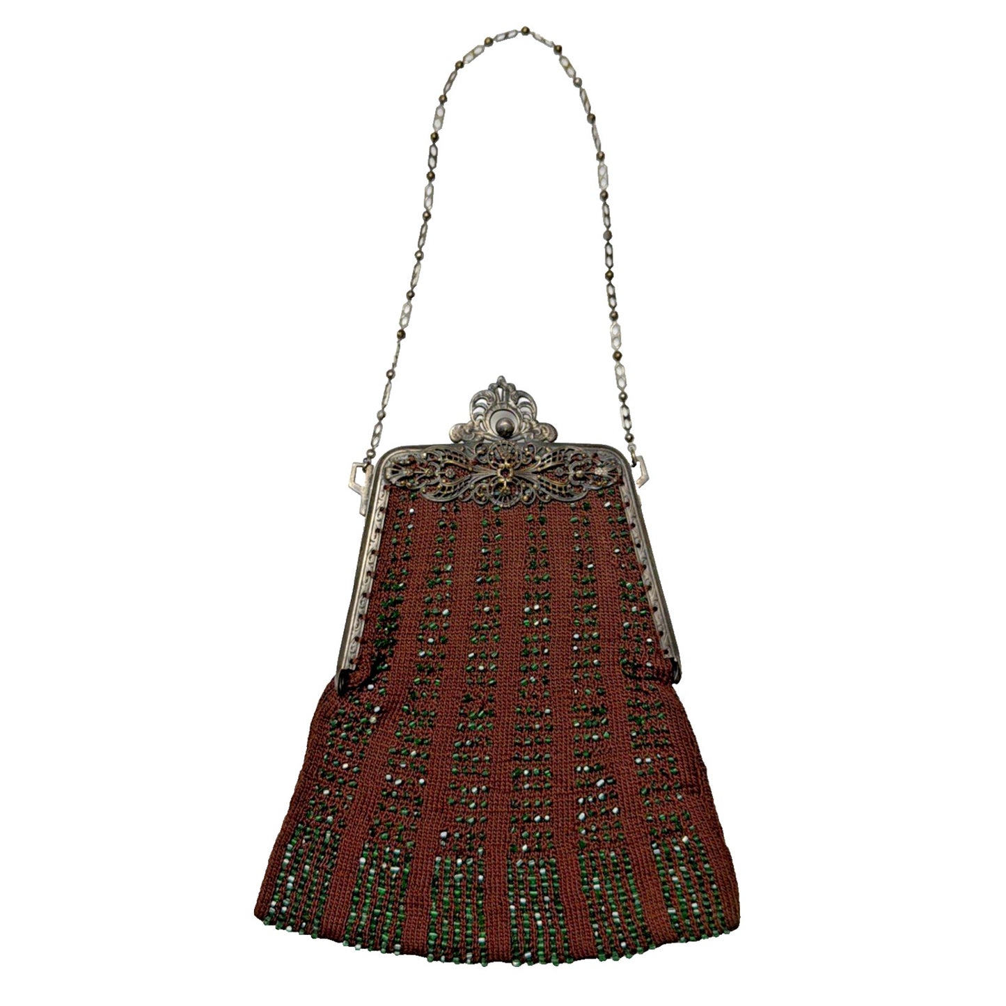 Antique Crochet Brown Green Micro Bead Purse Ornate Metal Frame Kiss Lock Strap