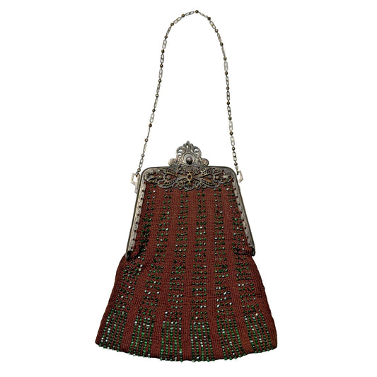 Antique Crochet Brown Green Micro Bead Purse Ornate Metal Frame Kiss Lock Strap