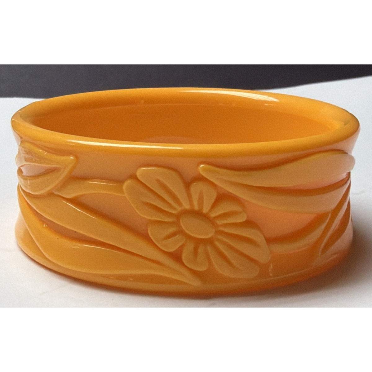 Vintage Molded Deeply Carved Plastic Floral Bangle Bracelet Taiwan Orange