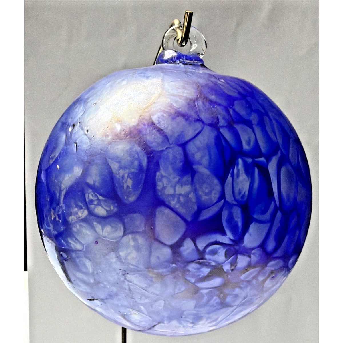 Hand Blown Studio Art Glass Cobalt Blue Iridescent Webbed Ornament Orb Witch Ball