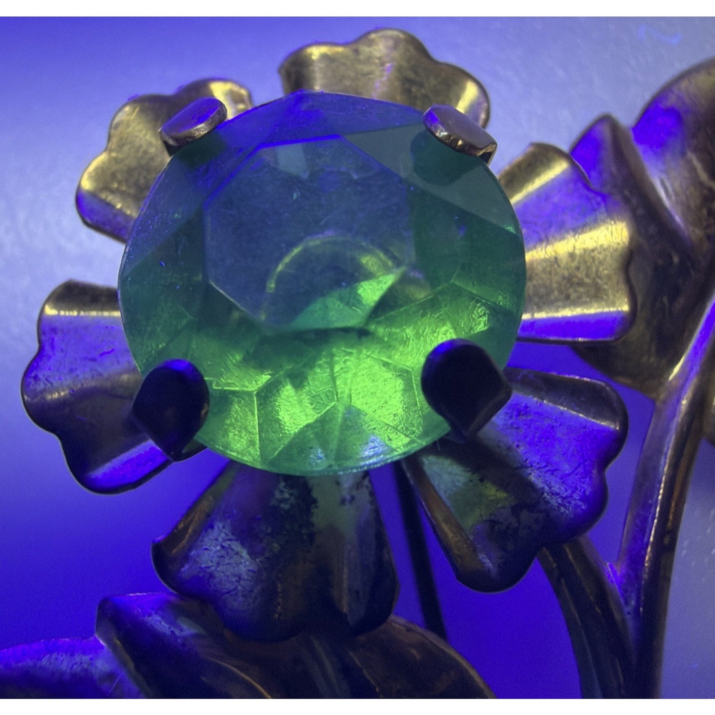 Vintage Large Gold Tone Floral Sprig Spray Brooch Pin Green Rhinestones