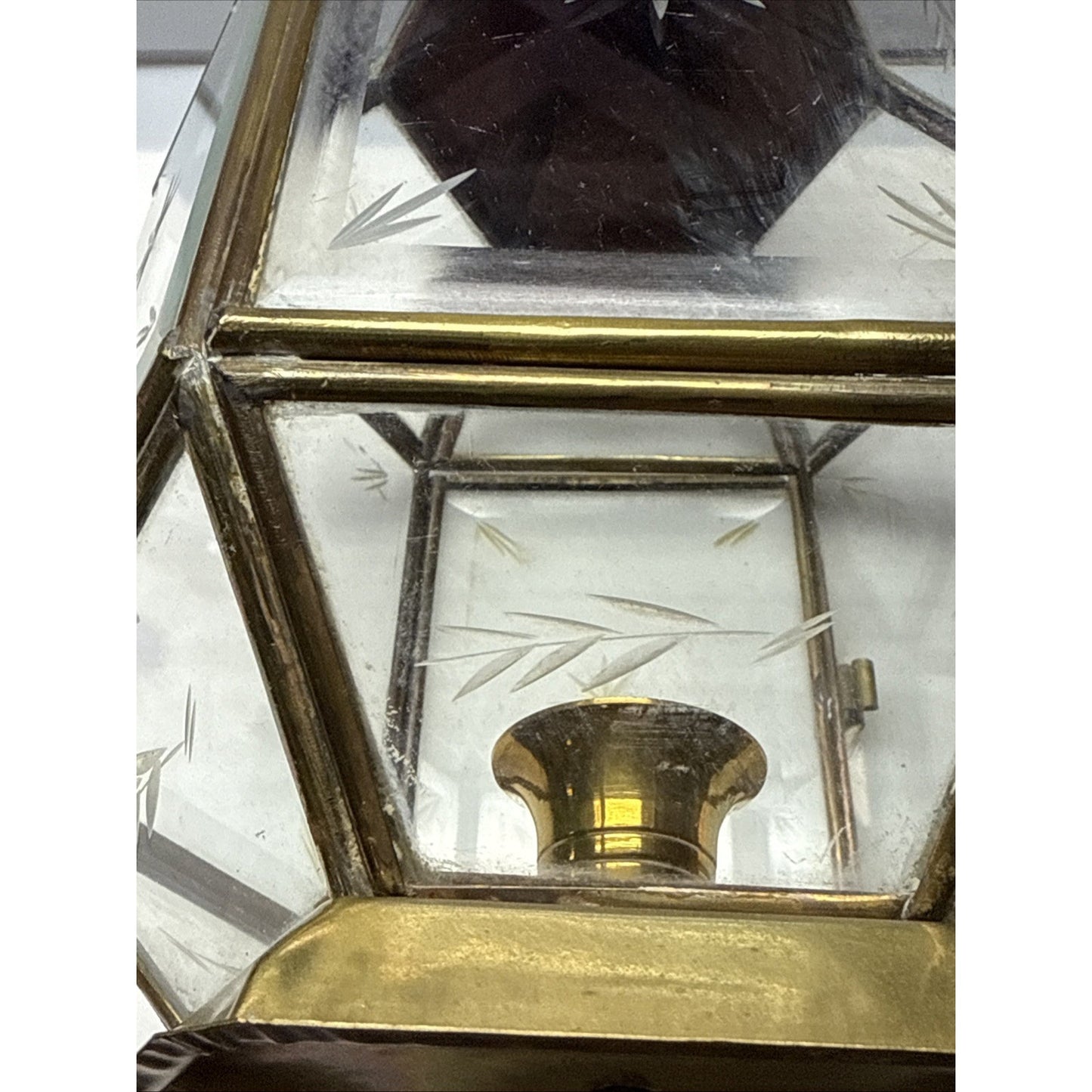 Vintage Yuksel Lambalari Turkish Shepard Brass Candle Lantern Lamp Etched Glass