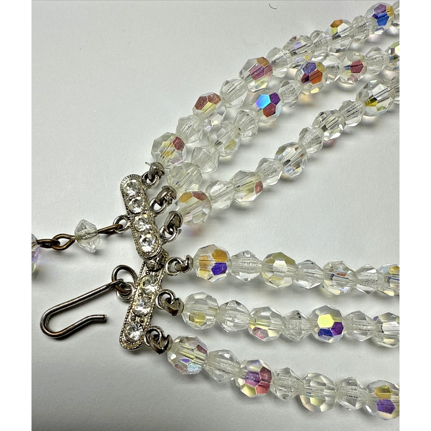 Vintage Triple Strand Necklace Aurora Borealis Crystal Faceted 13" Adjustable