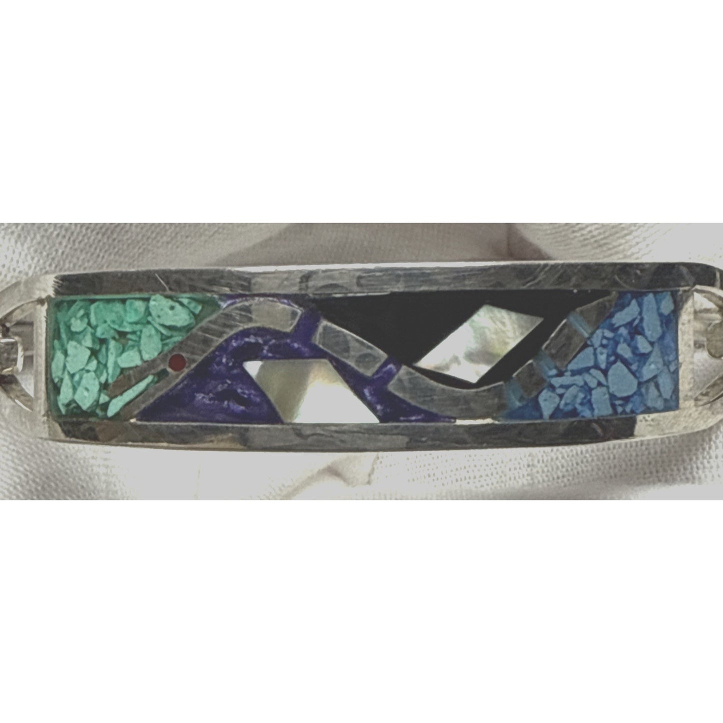 Vtg Taxco Mexico Inlaid Bracelet Snake Abalone Hinged Mother of Pearl Onyx Lapis