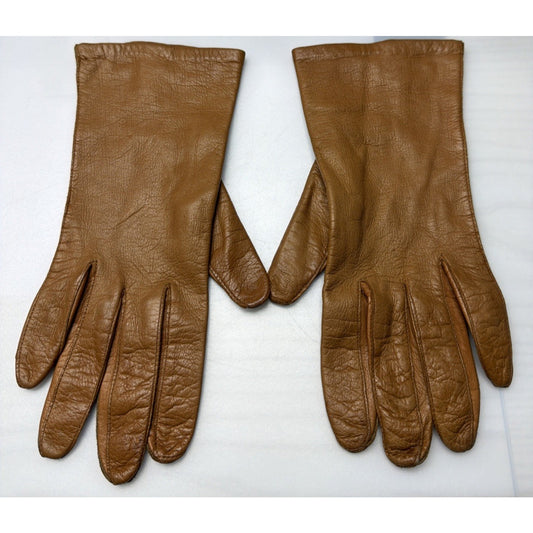 Vintage Womens Atkins Italy Caramel Leather Gloves Silk Lined As Is Sz 7.5 As Is