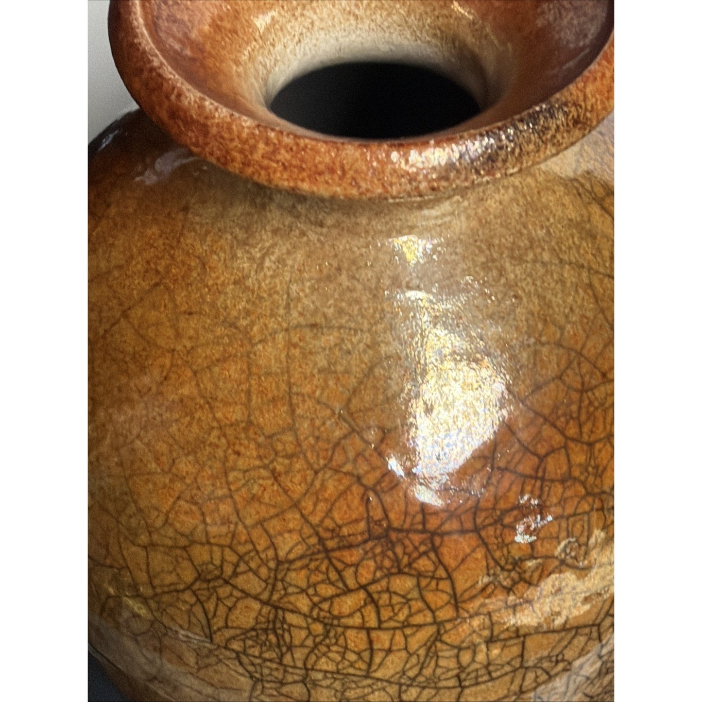 Vtg Casey Hankin Raku Art Pottery Vase Crackle Iridescent Orange Marigold Large