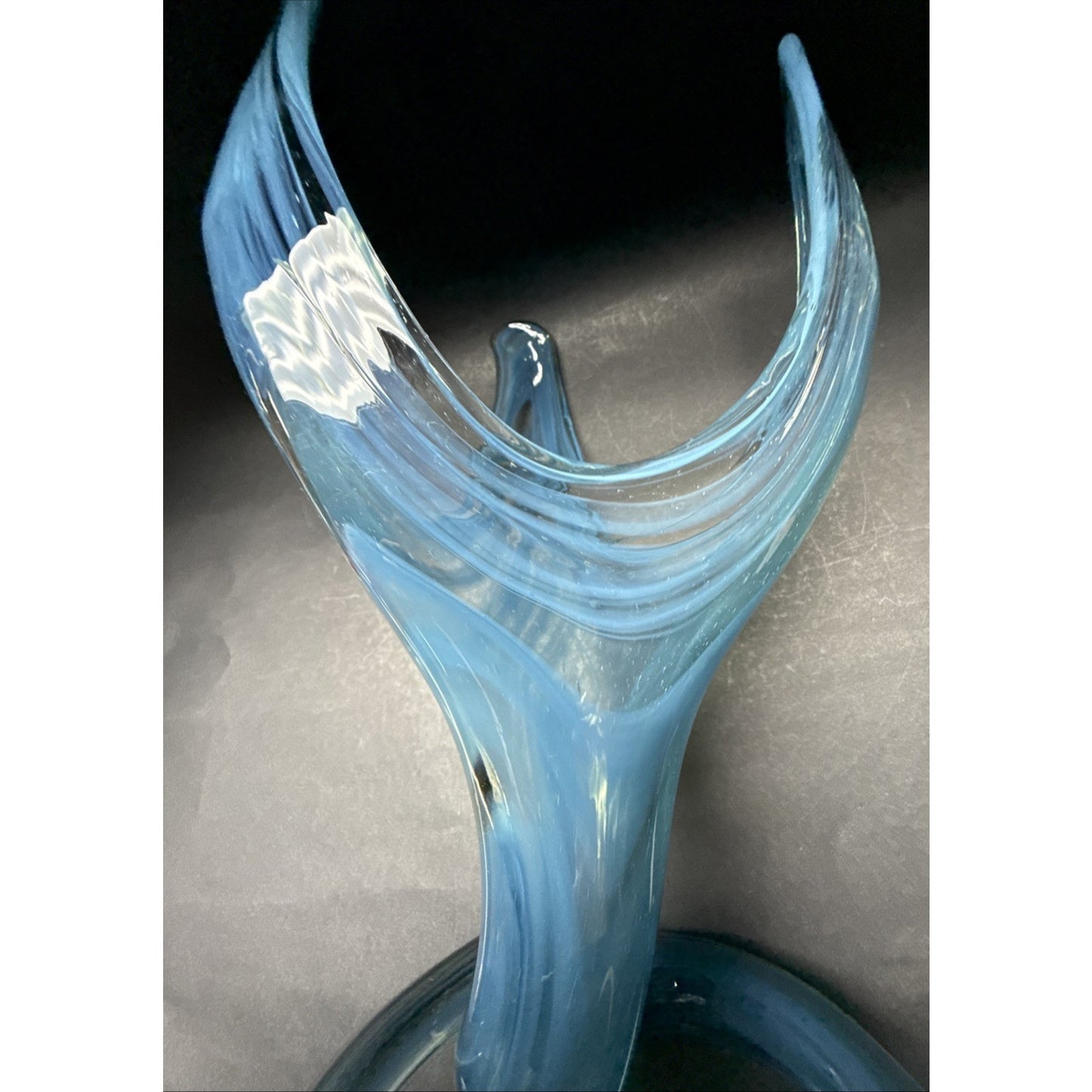 MCM Sooner Art Glass Tulip Trumpet Vase Blue Green Spiral Coiled Base 12" Read