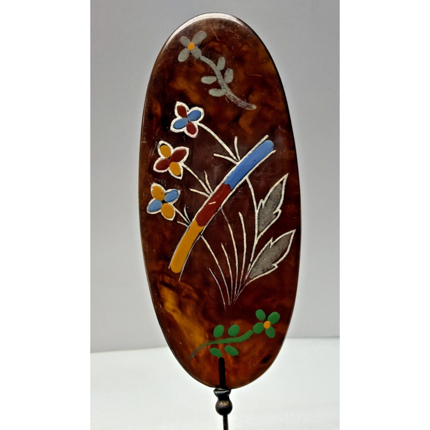Art Deco Tortoise Shell Hair Pin Stick Pin Faux Hand Painted Enameled As Is