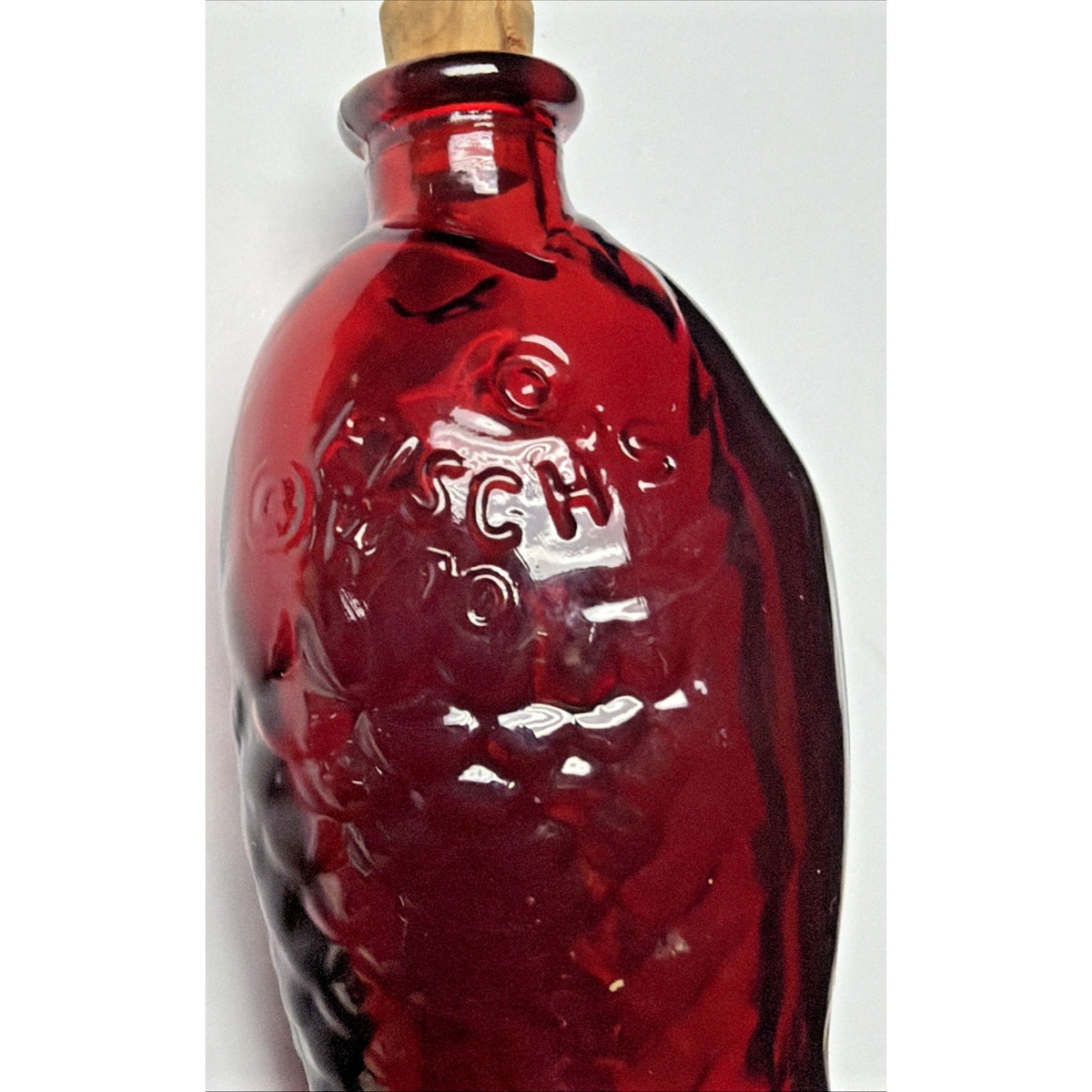 Vtg Wheaton Glass Doctor Fischs Bitters Ruby Red Glass Fish Mini Bottle Cork
