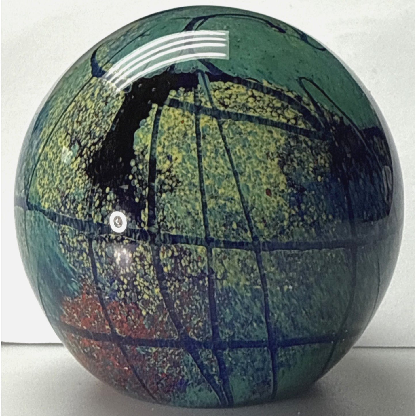 Vtg Art Glass Globe Paperweight Blue Green Confetti Hemisphere Mottled Bubbles