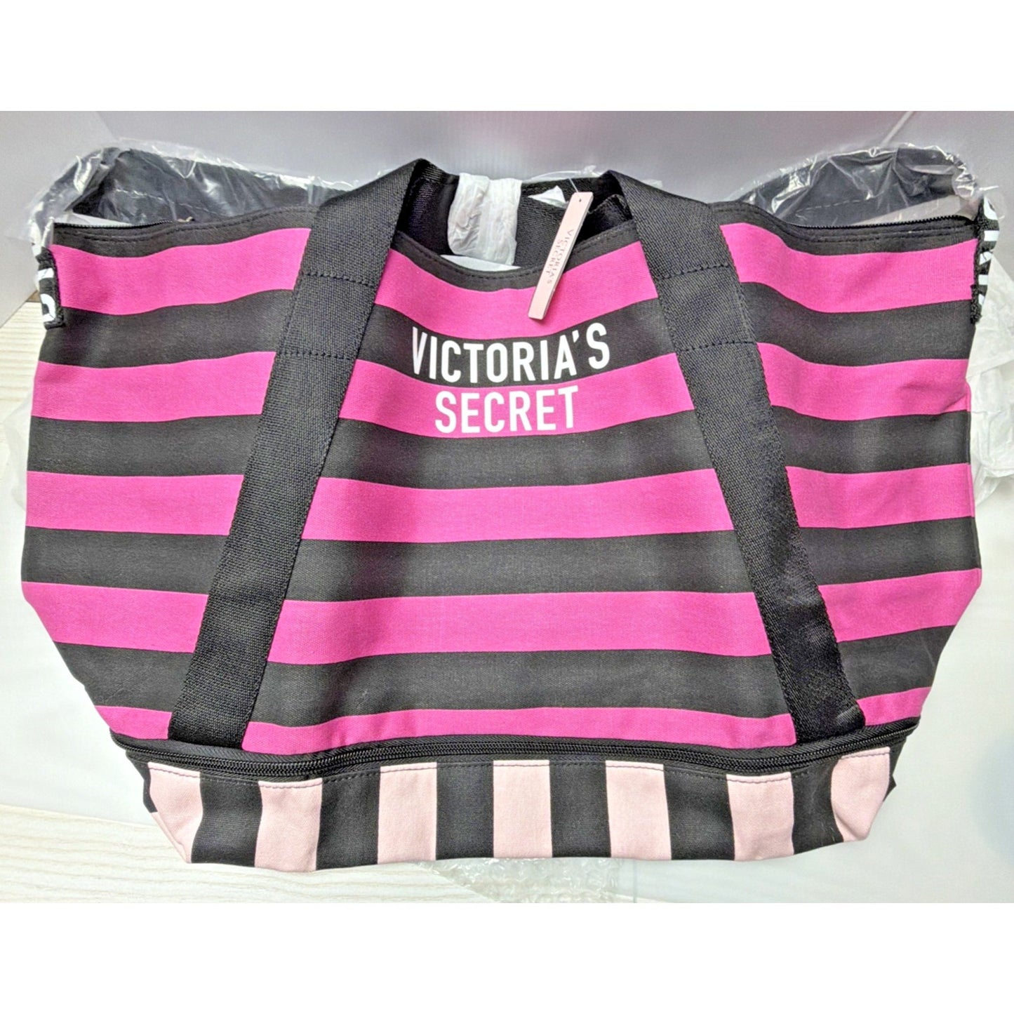 Victoria’s Secret Iconic Canvas Pink Black Striped Weekender Bag Tote Exandable
