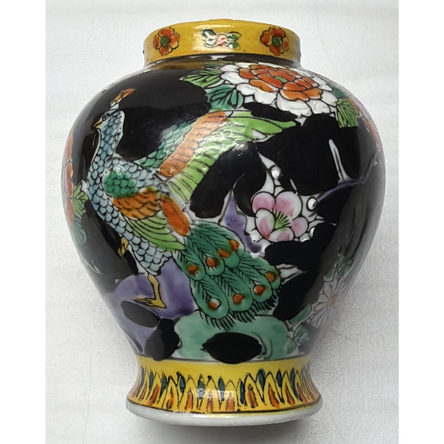 Vintage Japanese Hand Painted Black Porcelain Phoenix Ginger Jar Urn Lid Floral