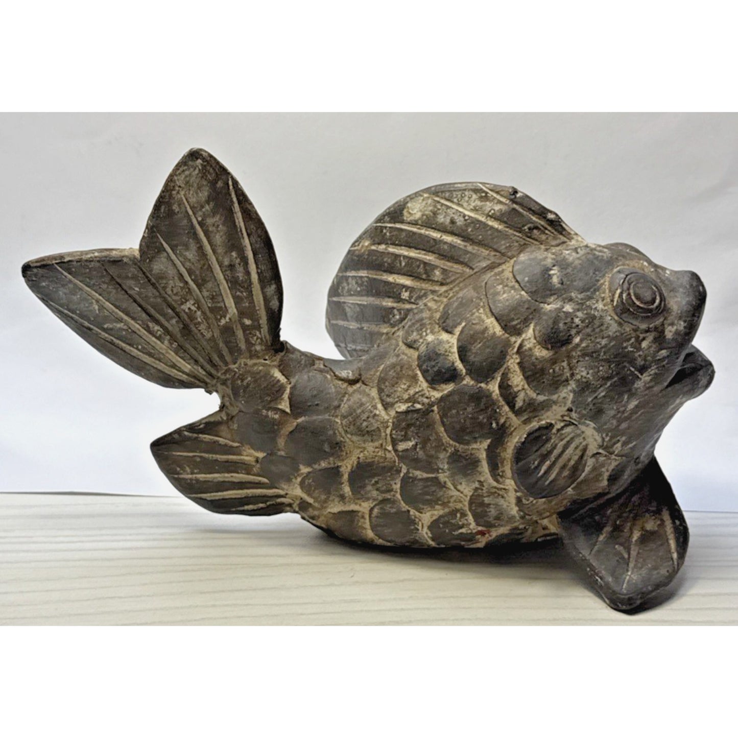 Vintage Asian Inspired Terra Cotta Clay Koi Carp Fish Sculpture Vase As Is