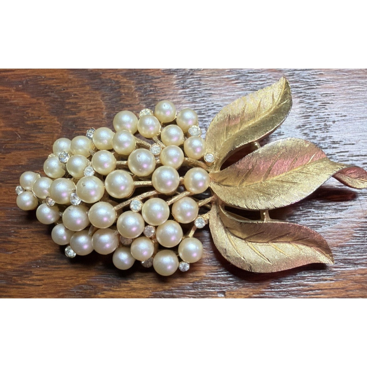 Vintage Crown Trifari Faux Pearl Rhinestone Grape Cluster Brooch Pin Gold Tone