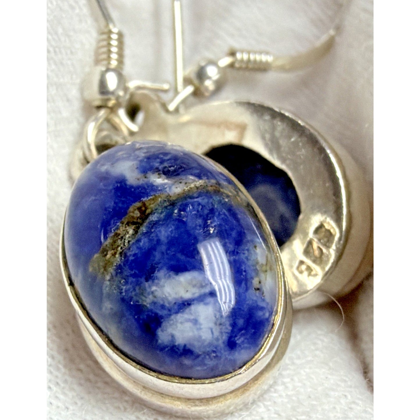 Vintage Sterling Silver Oval Sodalite Cabochon Dangle Drop Earrings Hook 6.13g
