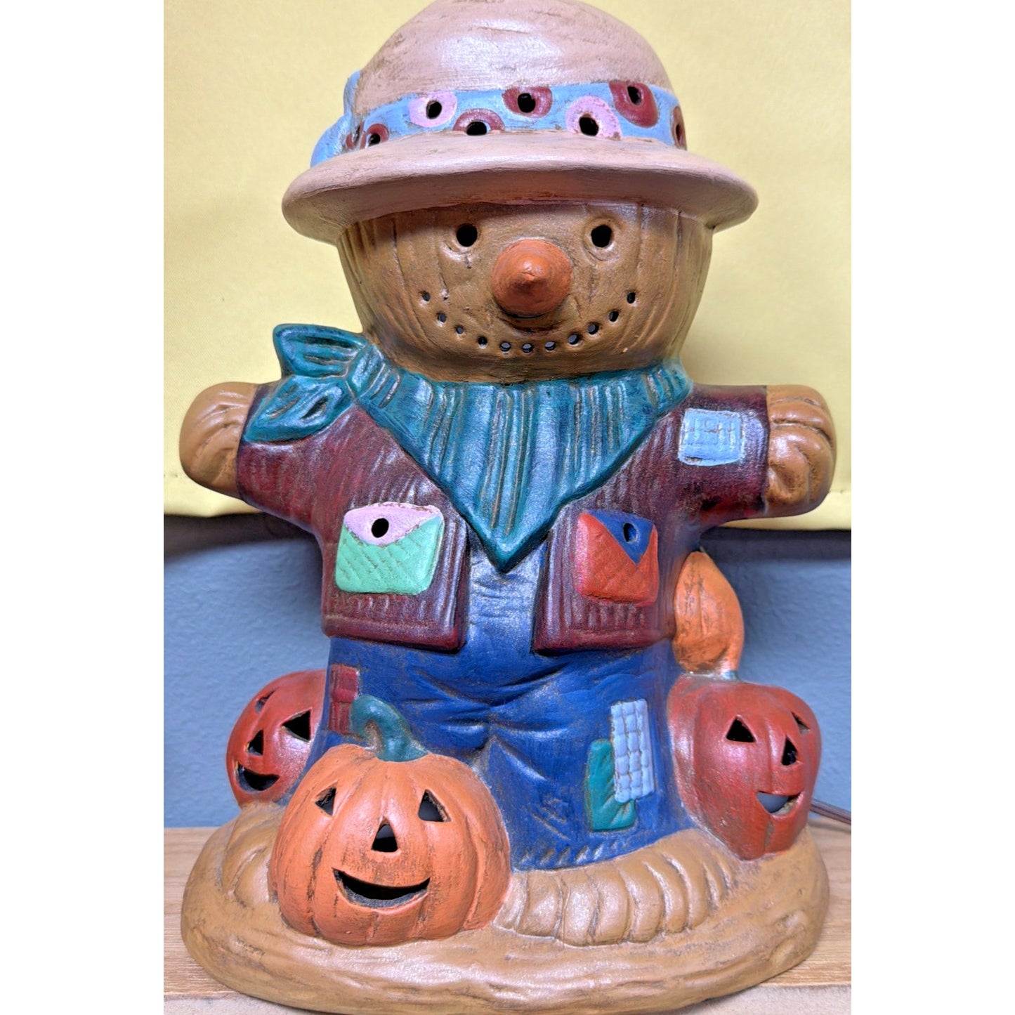 Vintage Ceramic Scarecrow Lamp Hand Painted Pumpkin Jack O Lantern Reflection