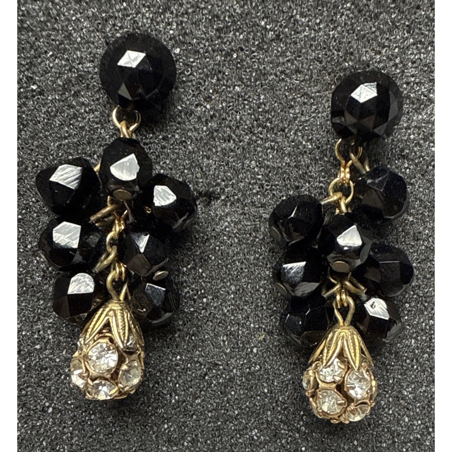Vtg Black Faceted Glass Cluster Dangle Drop Earrings Disco Ball Rhinestone As-Is