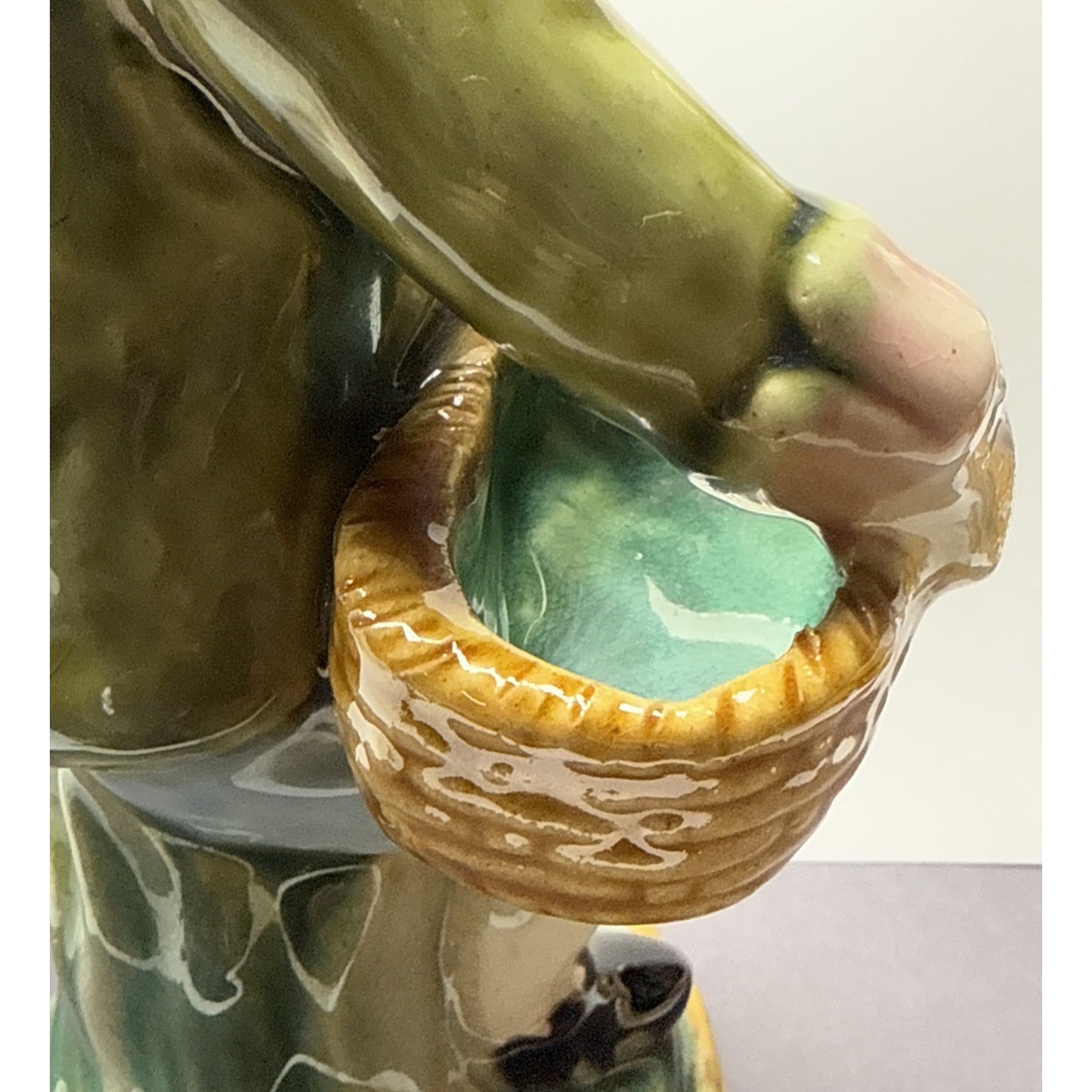 Vintage Majolica Pottery Glazed Crackle Man Holding Basket Sitting Signed As Is