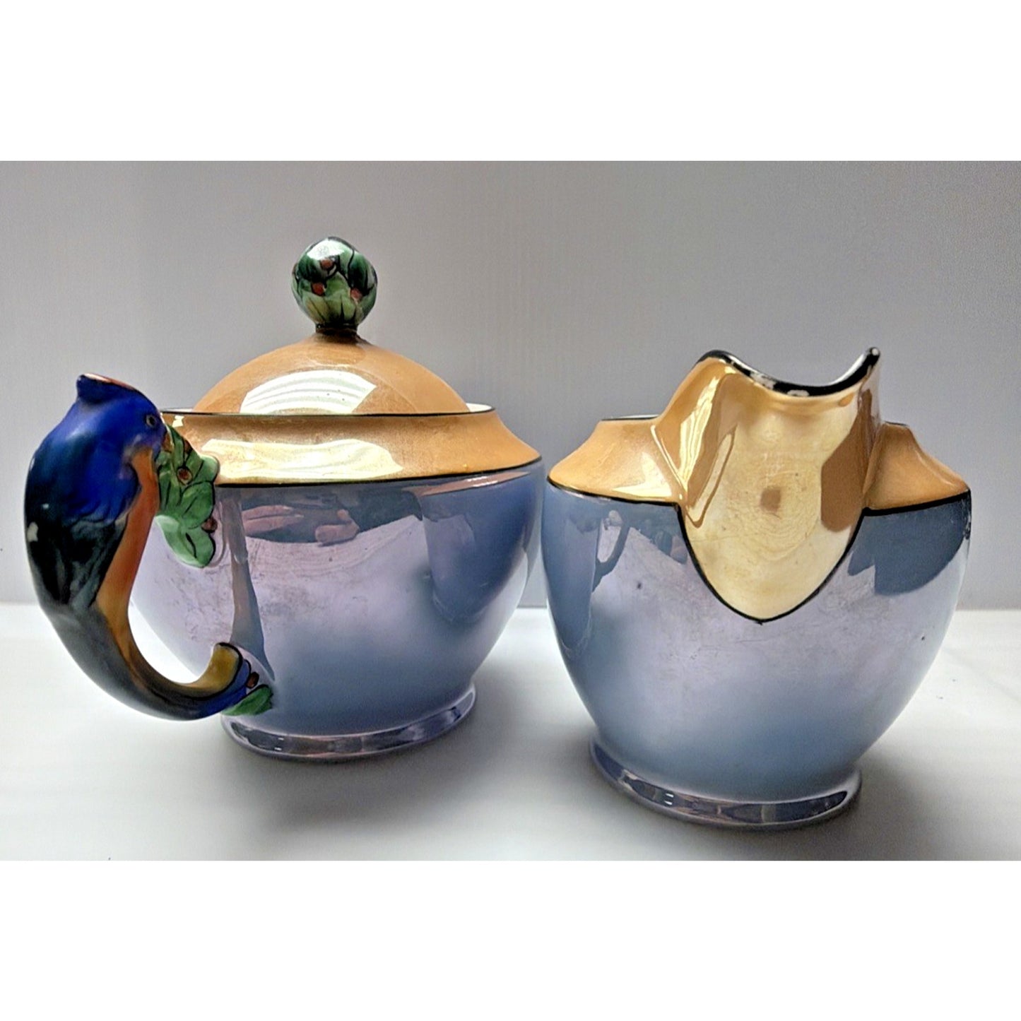 Art Deco Noritake Morimura Lusterware Figural Parrot Handles Creamer Sugar Bowl