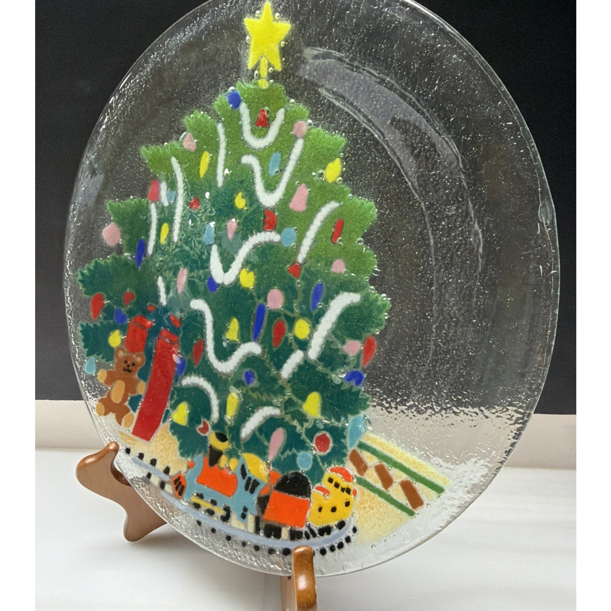 Vintage Peggy Karr Fused Glass Christmas Tree Toy Train Platter Teddy Bear
