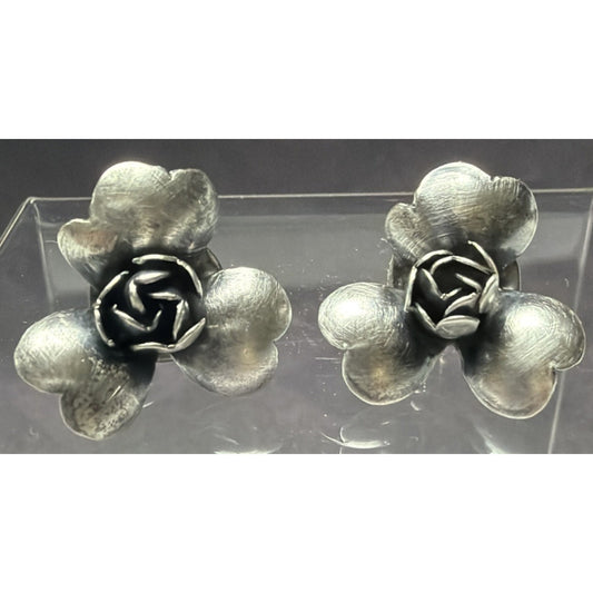 Vintage Sterling Silver Detailed Rose Rosette Flower Screw Back Earrings