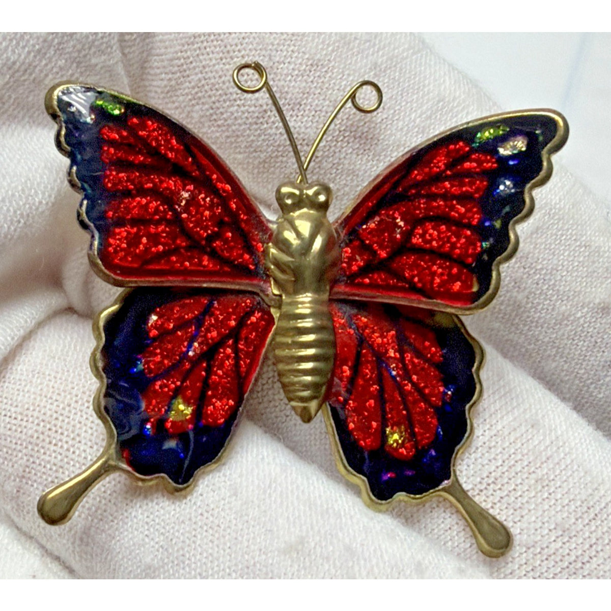 Vintage Lot of 2 Enamel Butterfly Brooch Monarch Red Blue Gold