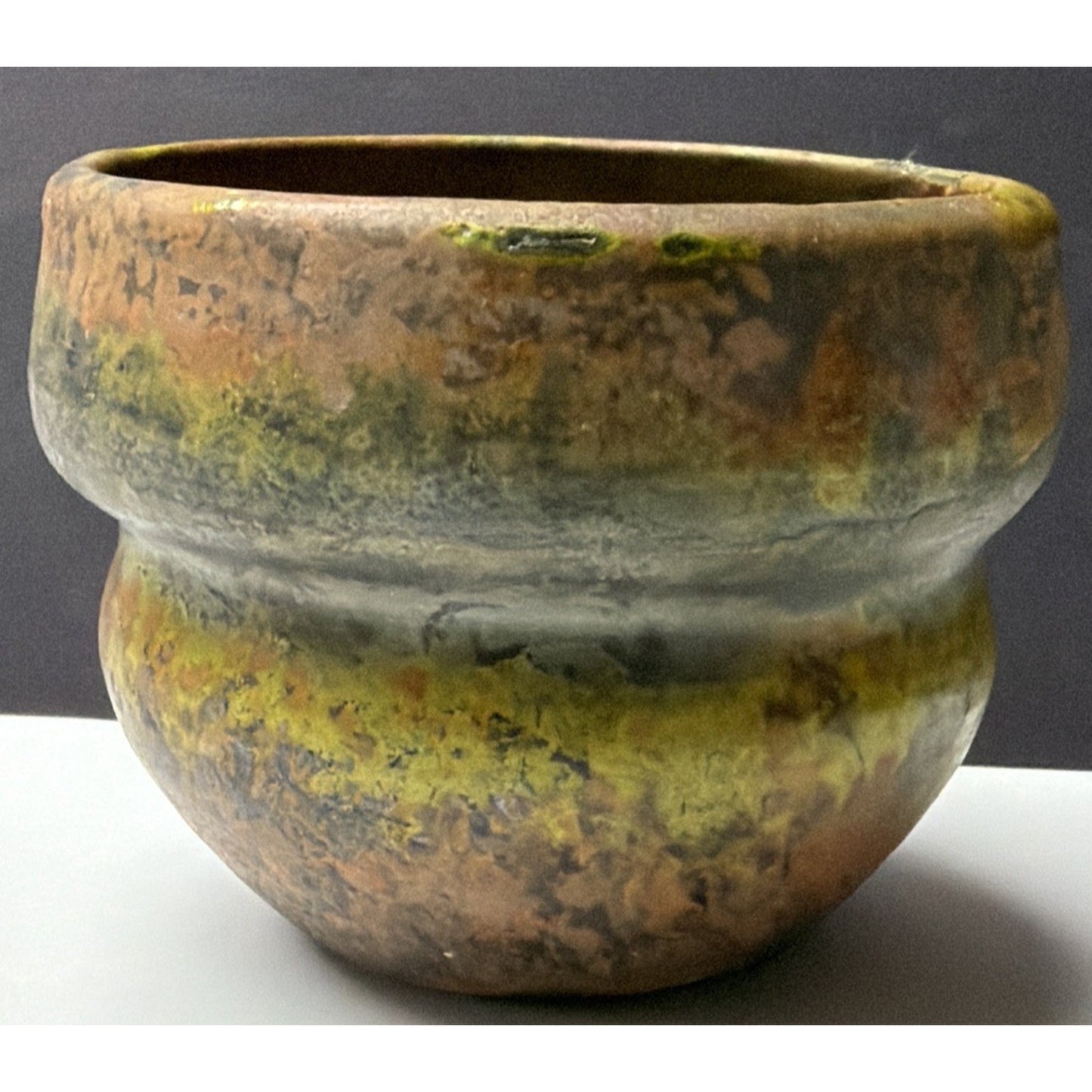 Old Raku Studio Art Pottery Glazed Abstract Fired Vase Planter Bowl