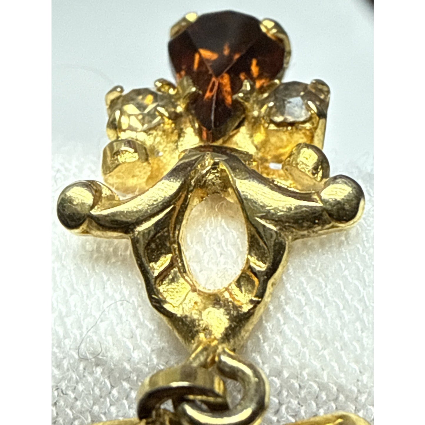 Vintage Austria Clip On Earrings Dangle Rhinestone Clear Brown Angel