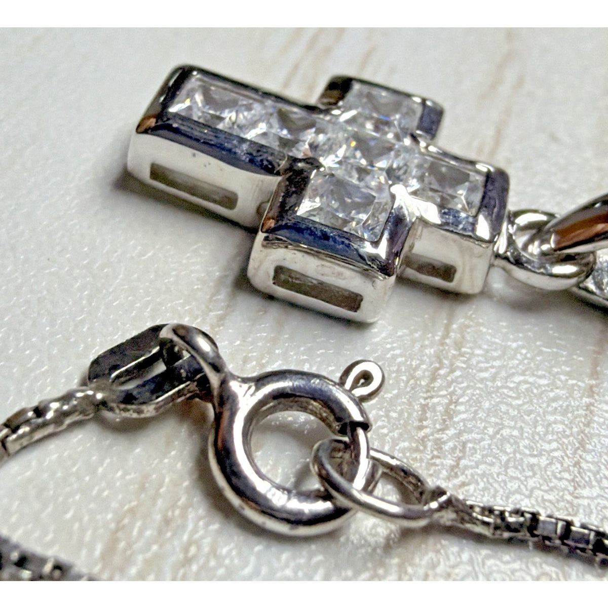 Sterling Silver Religious Cross Pendant Necklace Princess Cut Crystals Box Chain