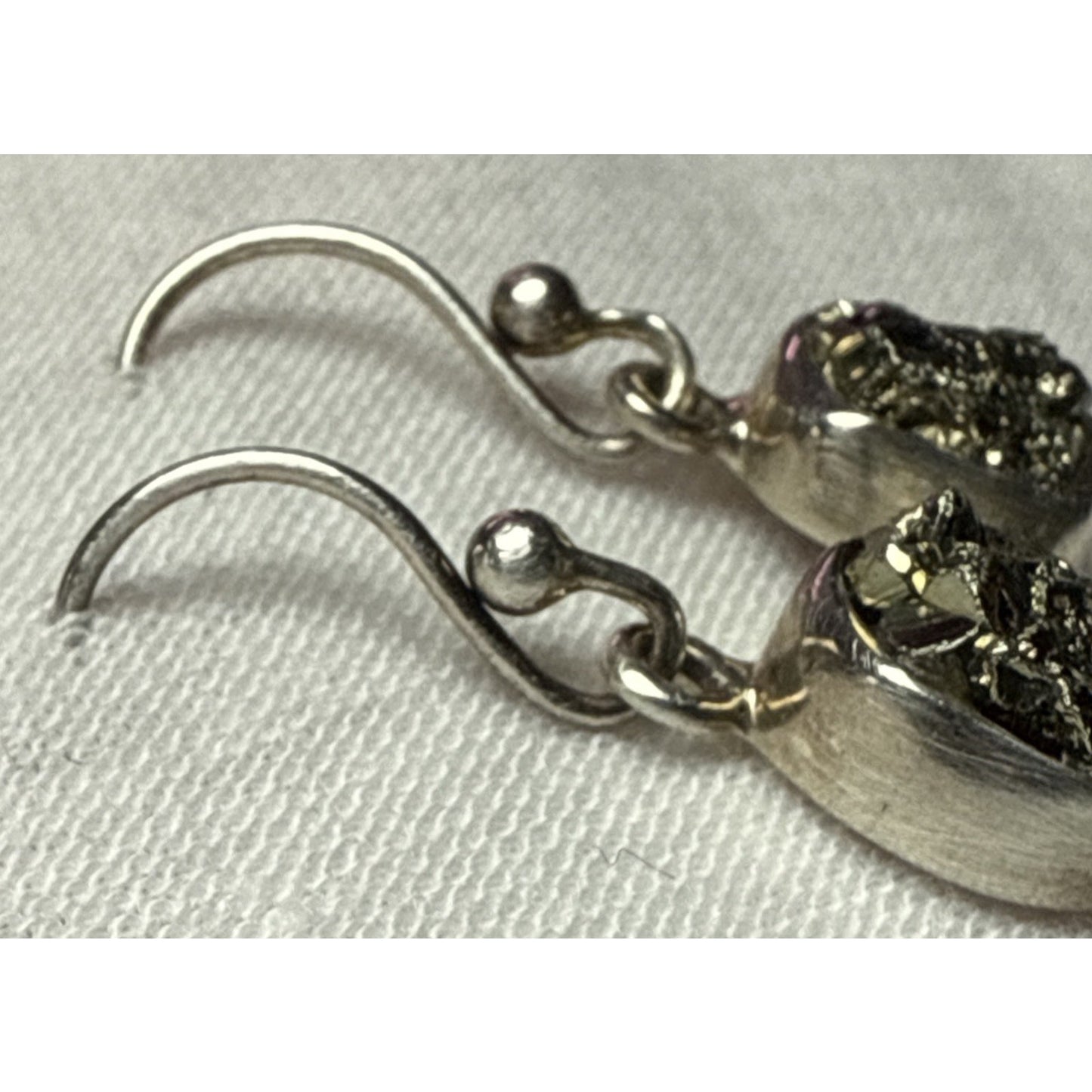 Vintage NC 925 Sterling Silver Rough Pyrite Druzy Bezel Dangle Earrings
