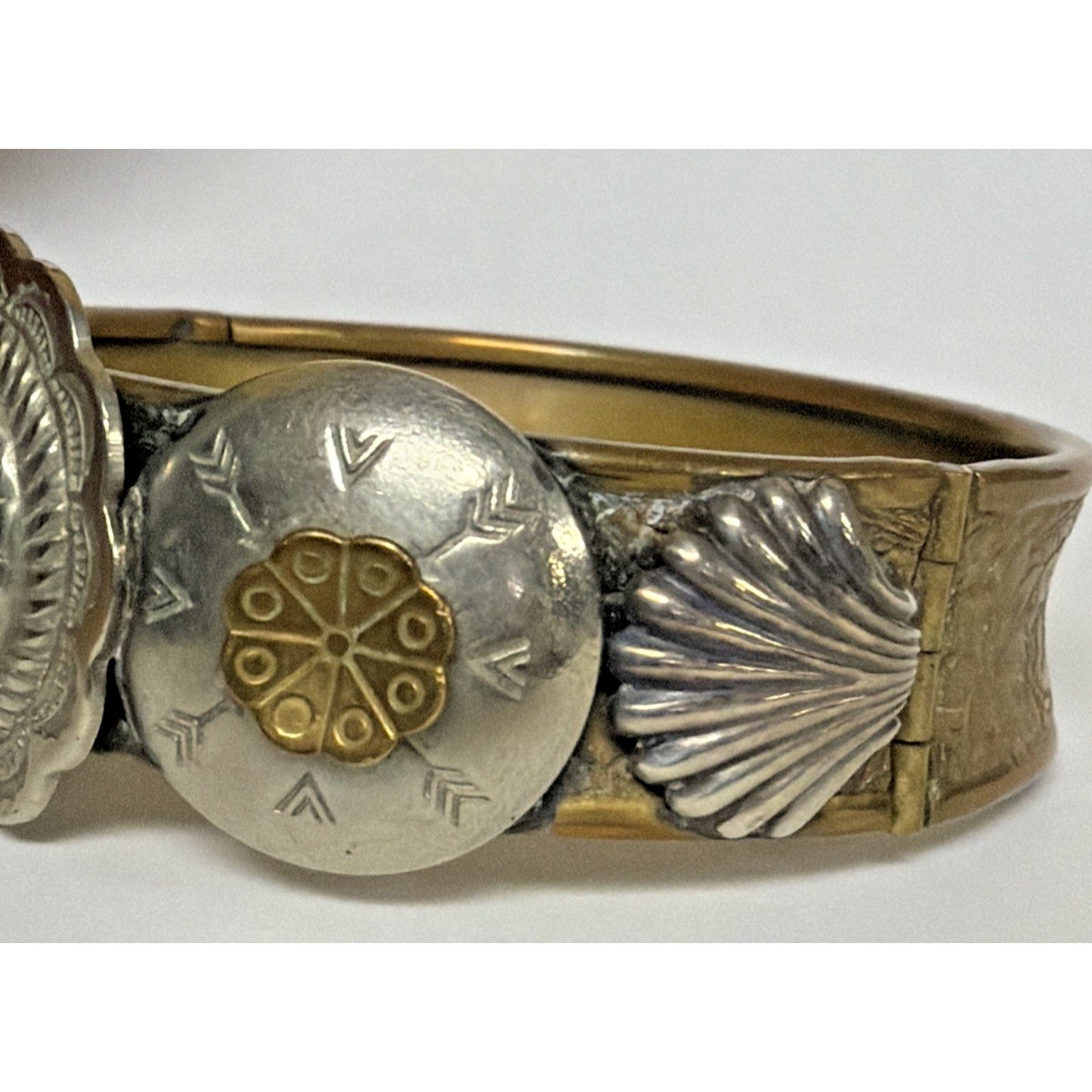 Victorian Brass Hinged Embossed Cuff Bracelet Mixed Metal Concho Western As Is