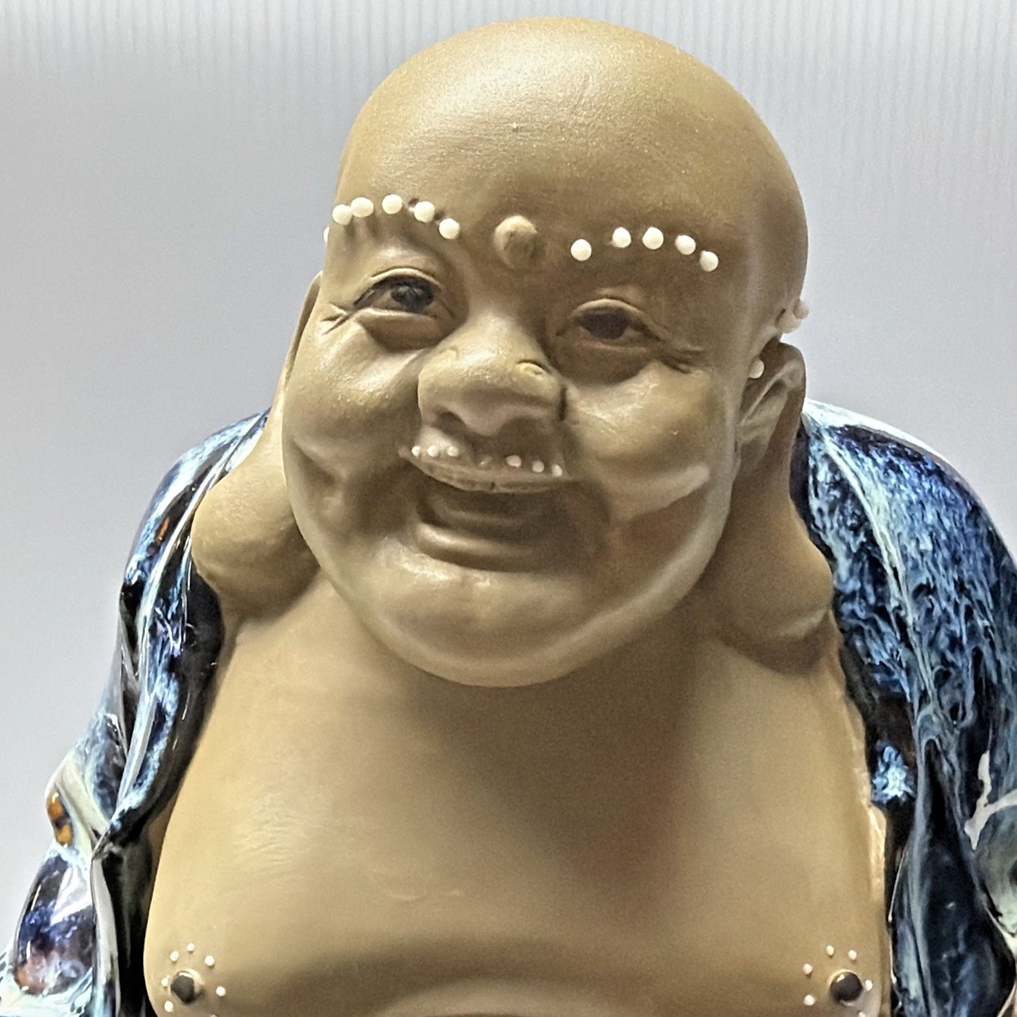 Shiwan Mudman Pottery Chinese Blue Flambe Glazed Happy Buddha Sculpture Hotei